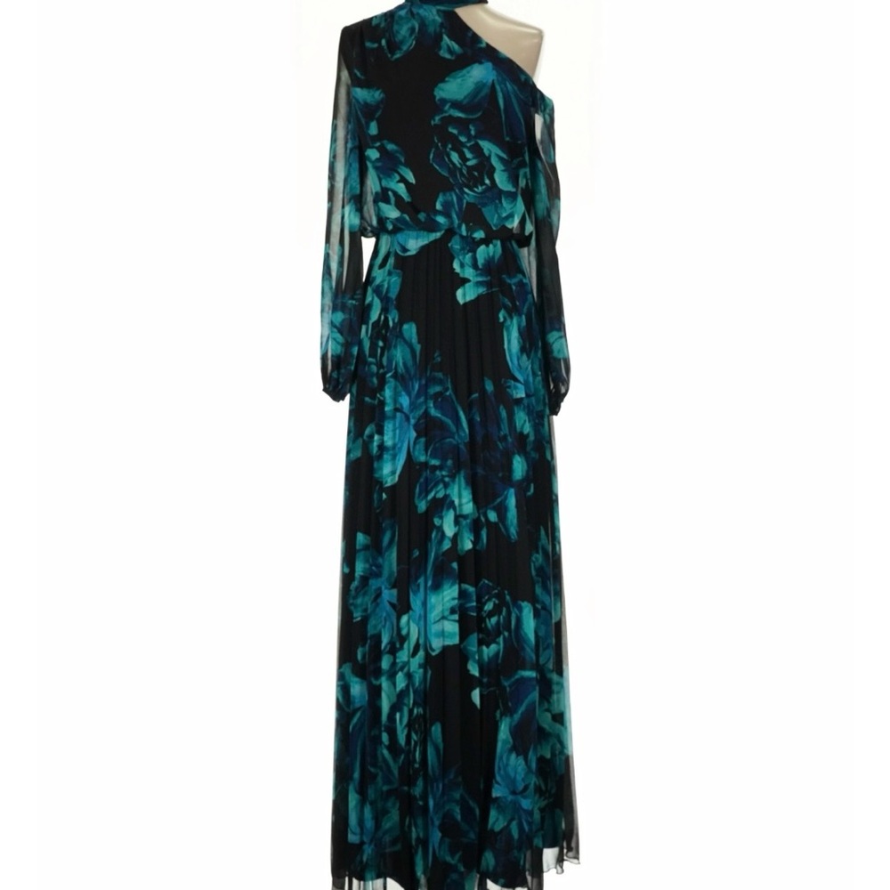 Xscape Black One-Shoulder Teal Floral Maxi Dress
